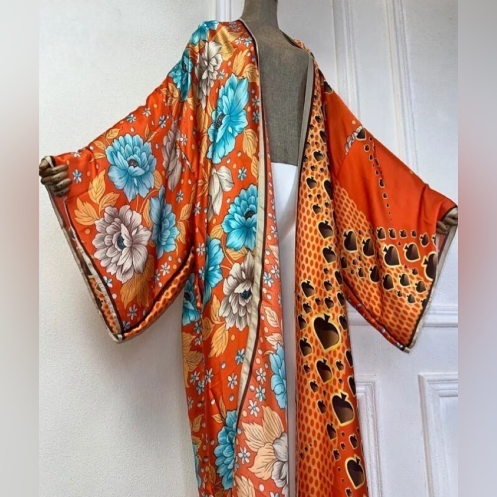 Elegant Bohemian Oversized Kimono Floral Print Cardigan Kaftan Swimsuit Coverup - Picture 2 of 10